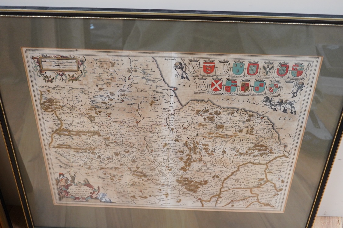 After John Speed (1552-1629), Antique hand coloured engraved map of Yorkshire, sold by Thomas Bassett in Fleet Street and Richard Chiswell in St. Paul's Churchyard, together with a similar example after Jan Jansson, and